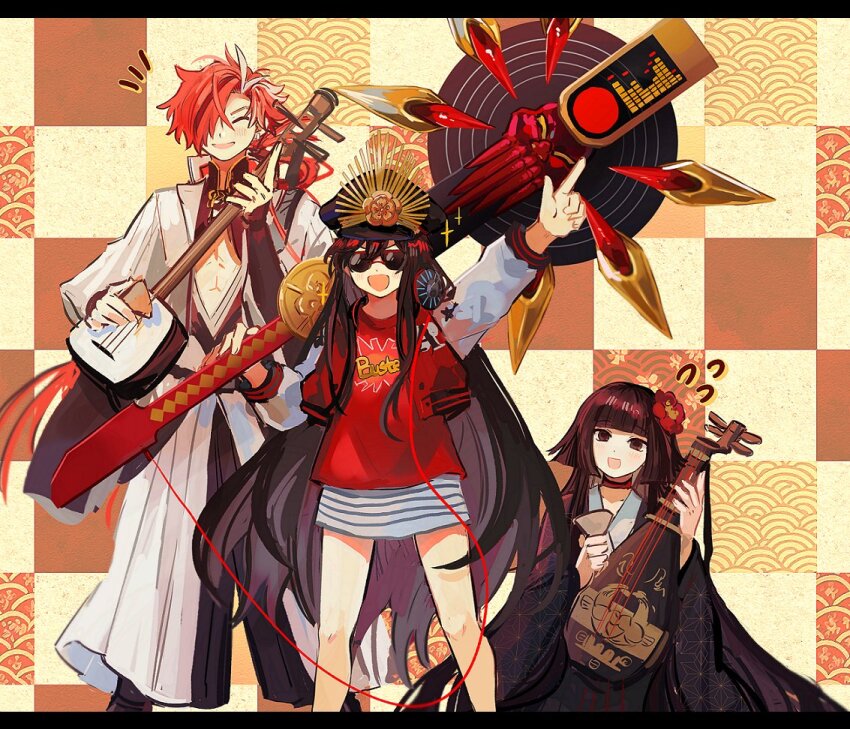 1boy 2girls black_hair buster_shirt checkered_background fate/grand_order fate_(series) flower hair_flower hair_ornament hair_over_one_eye hat headphones headphones_around_neck instrument japanese_clothes kimono komahime_(fate) long_hair military_hat multiple_girls oda_nobunaga_(fate) oda_nobunaga_(swimsuit_berserker)_(fate) oda_nobunaga_(swimsuit_berserker)_(first_ascension)_(fate) orizu_lm over_shoulder plectrum pointing pointing_up red_hair shamisen sunglasses takasugi_shinsaku_(fate) weapon weapon_over_shoulder wide_sleeves