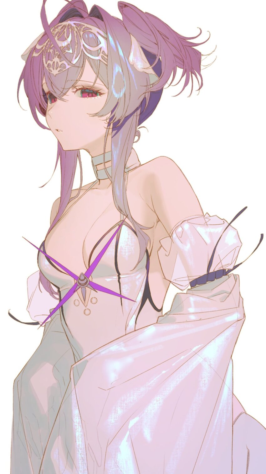 1girl ahoge bare_shoulders breasts choker commentary detached_sleeves dress empty_eyes english_commentary goddess_of_victory:_nikke hair_between_eyes headpiece heikokuru1224 highres huge_ahoge juliet_sleeves liberalio_(nikke) long_sleeves looking_at_viewer medium_breasts pink_eyes puffy_sleeves purple_hair short_hair sidelocks simple_background sleeveless sleeveless_dress solo standing teeth two_side_up unfinished white_background white_choker white_dress white_sleeves wide_sleeves