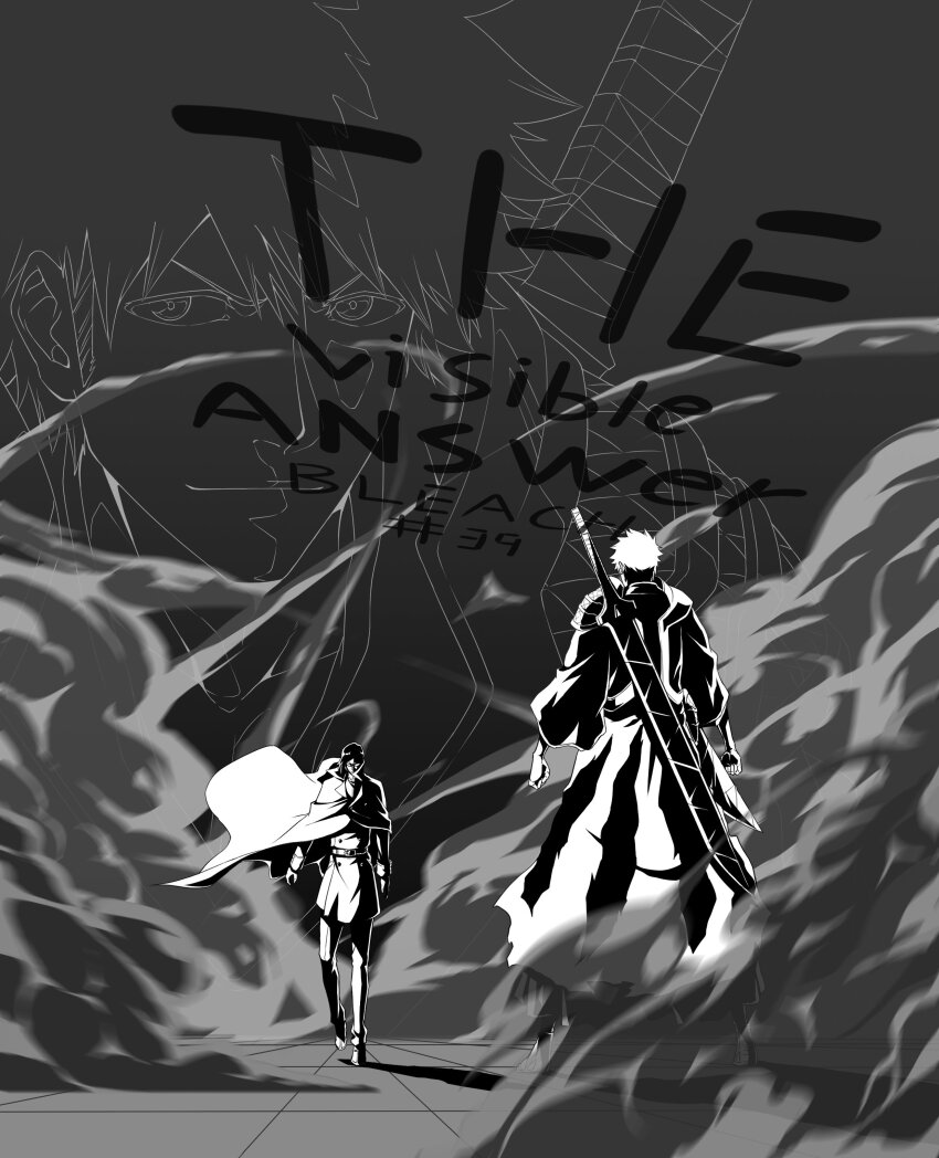 2boys 7l6cup9yzr1xu7d absurdres armor battle black_kimono bleach bleach:_sennen_kessen-hen buttons clenched_hands closed_mouth commentary_request copyright_name doodle_inset double-breasted english_text floating_cape from_behind full_body glasses grey_background greyscale highres ishida_uryuu japanese_clothes kimono kurosaki_ichigo long_sleeves looking_at_viewer male_focus monochrome multiple_boys official_style perspective short_hair shoulder_armor simple_background smile smoke spiked_hair standing sword tile_floor tiles true_zangetsu_(shikai) weapon wide_sleeves