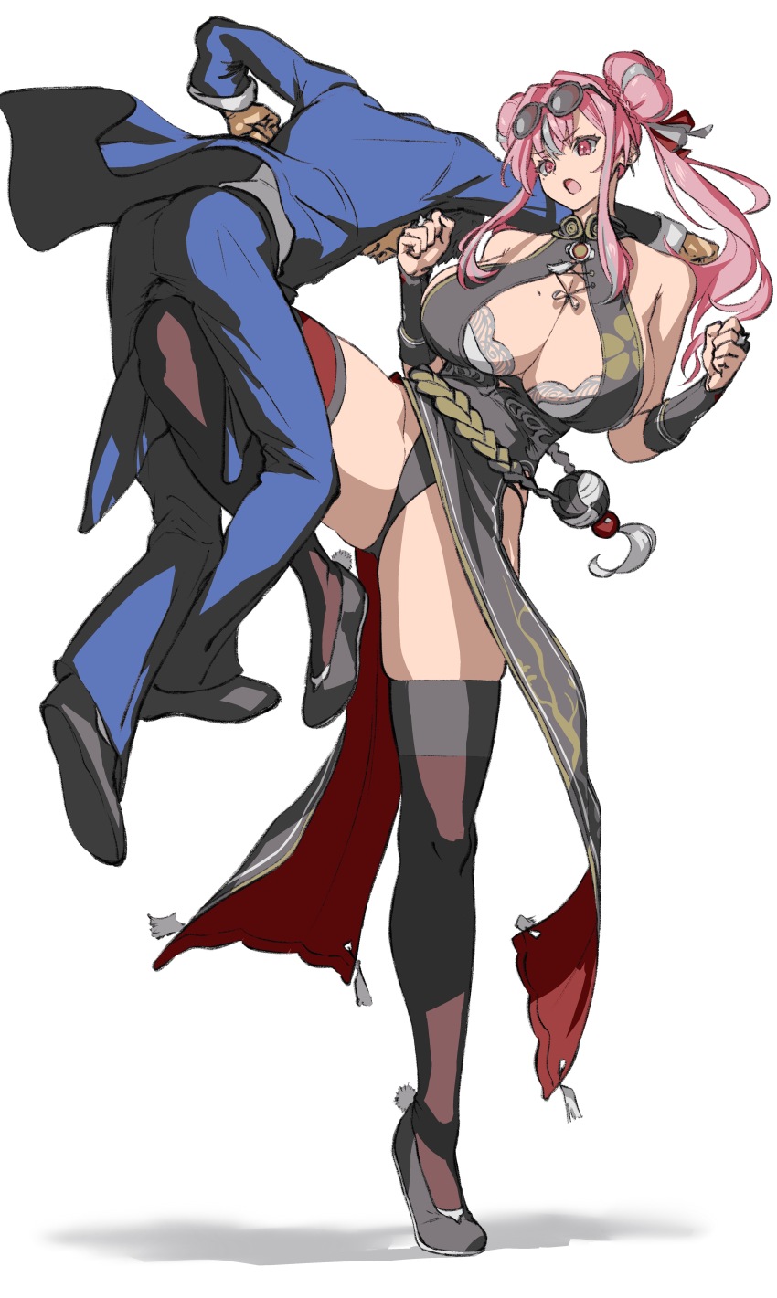 1boy 1girl absurdres azur_lane ball_busting bare_shoulders bdsm black_dress black_footwear black_panties black_tank_top blue_jacket blue_pants bra bra_peek braid braided_bun breasts bremerton_(azur_lane) bremerton_(kung_fu_cruiser)_(azur_lane) bridal_gauntlets brown_bra cbt china_dress chinese_clothes cleavage clenched_hands commentary_request crotch_kick double_bun dress eyewear_on_head flats full_body grey_hair hair_between_eyes hair_bun hair_intakes hair_ornament hair_ribbon highres jacket kneeing large_breasts lifting_person long_hair long_sleeves mole mole_on_breast mole_under_eye multicolored_hair official_alternate_costume open_mouth panties pants pelvic_curtain pink_eyes pink_hair reverse_ryona ribbon round_eyewear sadism seset shadow shirt sidelocks simple_background skindentation standing standing_on_one_leg strapless strapless_bra streaked_hair tank_top thighhighs tinted_eyewear two-tone_hair underwear white_background white_shirt