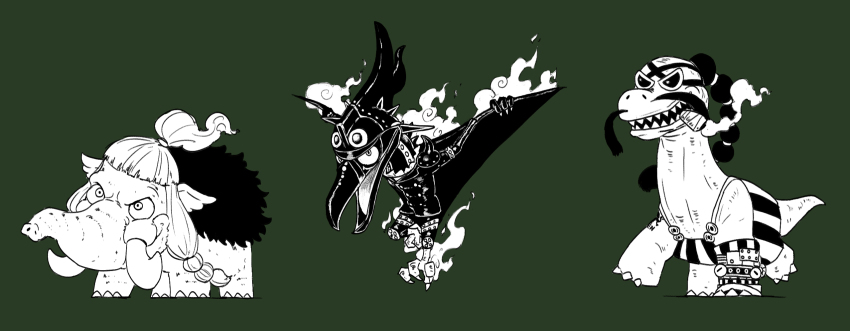 animal animal_focus animalization arm_tattoo aura blacknirrow blunt_bangs boots braid buttons chibi cigar claws clothed_animal constricted_pupils dinosaur facial_hair flying full_body gimp_suit green_background hair_tie head_tilt highres jack_(one_piece) king_(one_piece) leather leg_up long_hair looking_at_viewer mammoth monochrome mouth_hold multi-tied_hair mustache no_humans one_piece open_mouth overalls ponytail pterosaur queen_(one_piece) sharp_teeth shiny_clothes shoulder_spikes sidelocks simple_background single_boot sketch skin_tight smoke smoking spikes standing sunglasses tattoo teeth topknot trunk tusks twin_braids twintails