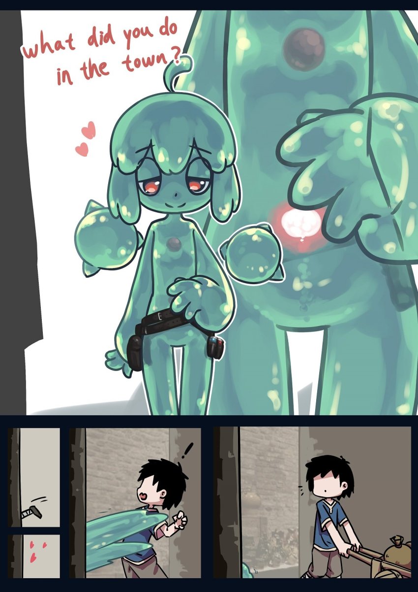 ! 1boy 1girl ahoge belt belt_pouch colored_skin cum green_skin half-closed_eyes heart hetero highres long_sleeves monster_girl open_mouth original porforever pouch qswan red_eyes simple_background skirt slime_girl slime_girl_(porforever) smile solo translucent