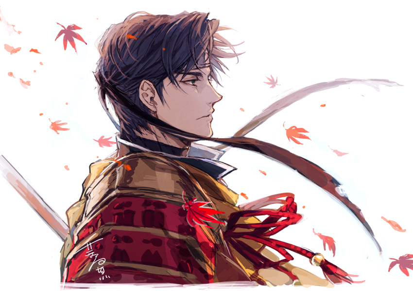 1boy armor collar fire_emblem fire_emblem:_radiant_dawn fire_emblem_heroes from_side green_eyes hagiya_kaoru headband japanese_armor kote leaf male_focus maple_leaf nintendo signature solo white_background zelgius_(fire_emblem) zelgius_(ninja)_(fire_emblem)