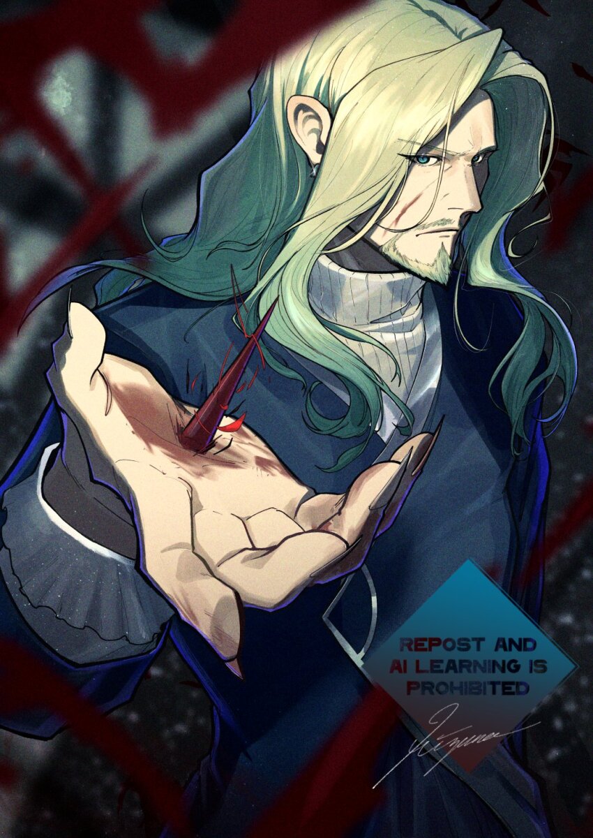 1boy beard blonde_hair blood blood_on_face blue_eyes curtained_hair facial_hair fate/apocrypha fate_(series) fingernails highres impaled long_sleeves looking_at_viewer male_focus mature_male mizuna237 petals sharp_fingernails signature solo vlad_iii_(fate/apocrypha)