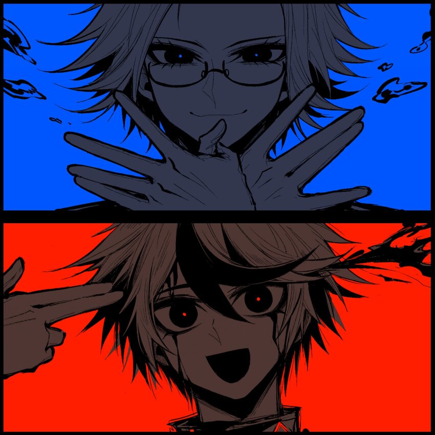 2boys aotsuki_eito arm_up arms_up black_border blood blood_splatter border closed_mouth commentary_request evarina55 eyelashes glasses gloves glowing_pupils highres looking_at_viewer male_focus multicolored_hair multiple_boys multiple_monochrome open_mouth pointing pointing_at_self semi-rimless_eyewear short_hair streaked_hair sumino_takumi the_hundred_line_-last_defense_academy-
