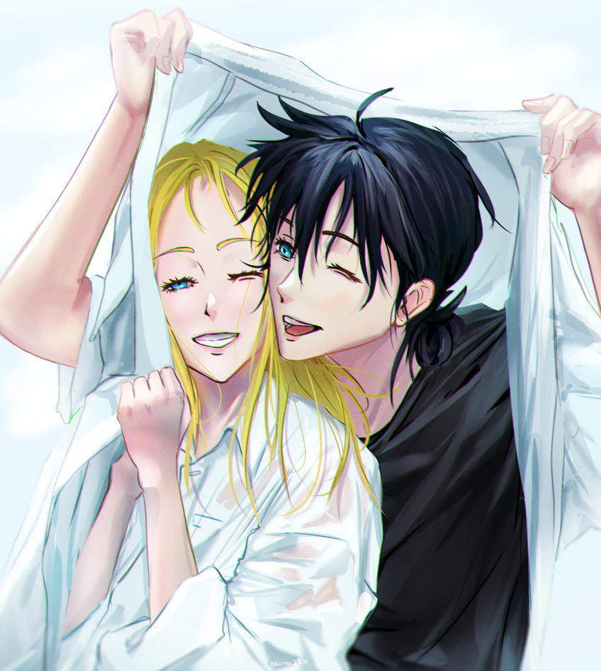 1boy 1girl absurdres ajiro_shinpei black_hair black_shirt blonde_hair blue_eyes hetero highres kofune_ushio long_hair nikoma2211 one_eye_closed open_mouth shirt smile summertime_render upper_body wet wet_clothes wet_shirt white_shirt
