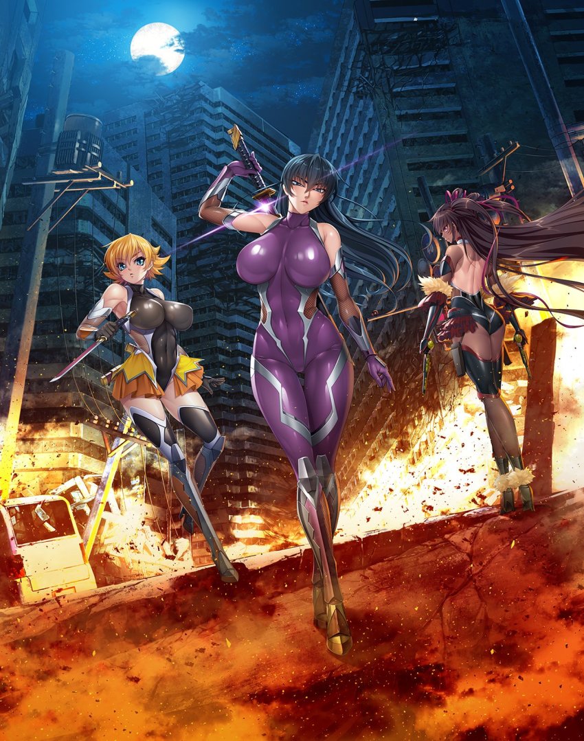 3girls action_taimanin aoi_nagisa_(metalder) ass blonde_hair blue_eyes blue_hair bodysuit breasts brown_hair city cloud curvy explosion fire full_moon hair_ribbon highres igawa_asagi igawa_sakura kagami_hirotaka katana large_breasts leotard lilith-soft long_hair mizuki_yukikaze moon multiple_girls night purple_bodysuit ribbon shiny_clothes short_hair siblings sisters skin_tight skirt sky small_breasts sword taimanin_(series) taimanin_asagi taimanin_yukikaze tan tanline team thighhighs two_side_up very_long_hair weapon