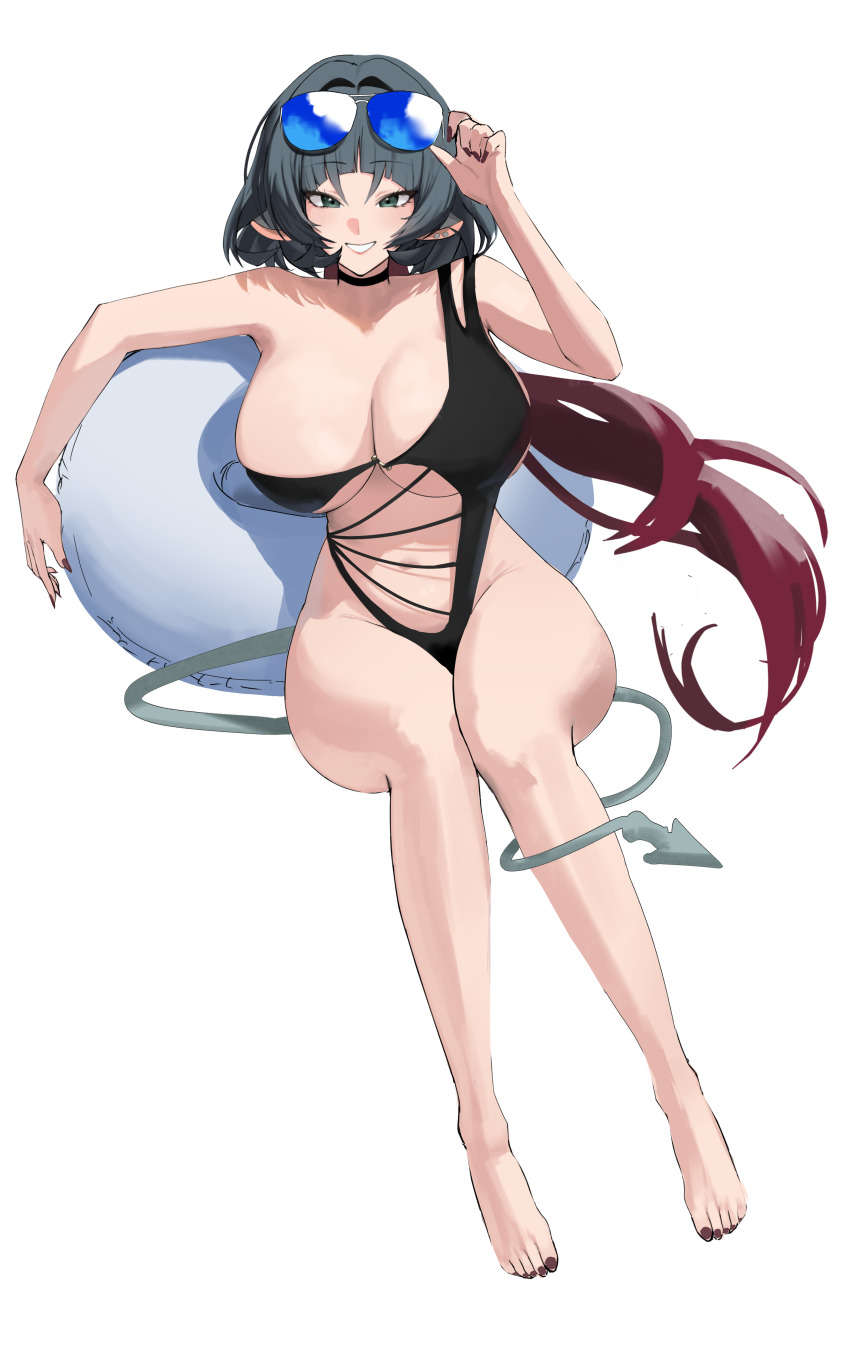 1girl absurdres adjusting_eyewear animal_ears bare_legs barefoot black_hair black_one-piece_swimsuit blue_innertube breasts cleavage commentary_request eyewear_on_head feet full_body green_eyes highres jane_doe_(zenless_zone_zero) large_breasts legs long_hair mokopan mouse_ears mouse_girl mouse_tail multicolored_hair navel one-piece_swimsuit red_hair simple_background smile solo sunglasses swimsuit tail tail_around_own_leg toenails toes two-tone_hair white_background zenless_zone_zero