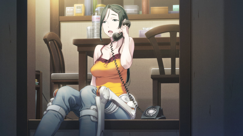 1girl architecture asymmetrical_bangs bare_shoulders black_hair blue_pants bottle breasts cleavage collar collarbone corded_phone dining_room east_asian_architecture exoskeleton fukuda_tomonori game_cg grey_eyes hair_ornament hairpin highres holding holding_phone irei_mizuka lace-trimmed_collar lace-trimmed_tank_top lace_trim long_hair medium_breasts narrowed_eyes night non-web_source official_art open_mouth pants phone ponytail porch prosthesis red_collar robotics;notes sitting sliding_doors solo tank_top tongue water_bottle