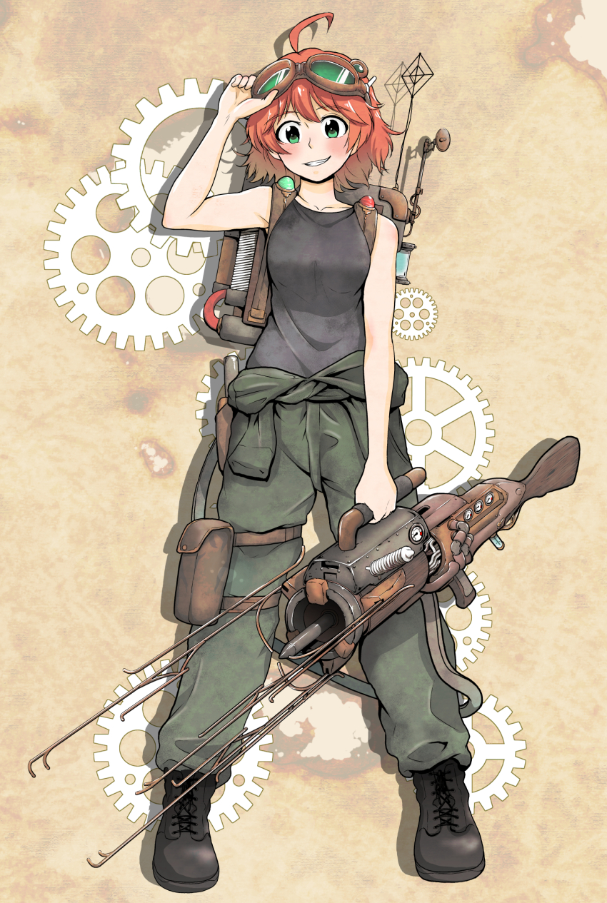 1girl adjusting_goggles ahoge arm_at_side backpack bag bare_shoulders black_boots black_tank_top blush bob_cut boots breasts brown_background collarbone combat_boots commentary energy_weapon full_body gauge gears goggles goggles_on_head green-tinted_eyewear green_eyes green_jumpsuit gun hair_between_eyes hand_to_head highres holding holding_gun holding_weapon holster jumpsuit jumpsuit_around_waist leather_bag looking_at_viewer medium_breasts metal_wire original paper_texture parted_lips pouch radio_antenna red_hair rifle short_hair smile smirk solo spread_legs standing steampunk straight-on tank_top thigh_pouch tinted_eyewear tube weapon yamamoto_yuusuke_(777sevenkidgma1)