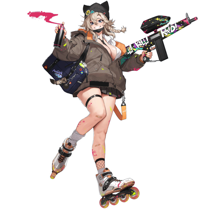 1girl animal_ear_headwear animal_ears bag bag_charm bandaid bandaid_on_leg bare_legs beanie between_breasts black_hat black_necktie black_skirt black_surgical_mask blonde_hair blue_bag blue_eyes braid breasts brown_jacket can charm_(object) collared_shirt covered_erect_nipples english_text eyeliner fake_animal_ears fishnet_socks fishnets full_body gun hair_between_eyes hat hat_ornament highres holding holding_can holding_gun holding_weapon hyena_(last_origin) inline_skates jacket knees_together_feet_apart large_breasts last_origin looking_at_viewer loose_socks makeup mask mask_pull medium_hair messy_hair miniskirt mismatched_socks mole mole_under_eye mouth_mask multicolored_jacket nail_polish naked_shirt necktie necktie_between_breasts no_bra o-ring o-ring_thigh_strap official_alternate_costume official_art open_clothes open_shirt orange_nails paint_gun paint_on_body paint_on_clothes paint_splatter paint_stains partially_unzipped patch pleated_skirt pocket red_eyeliner ribbed_socks roller_skates school_bag school_uniform sharp_teeth shirt shoulder_bag side_braid sidelocks simple_background single_braid skates skindentation skirt smile socks solo spray_can spray_paint spraying streetwear stuffed_animal stuffed_toy surgical_mask tachi-e teeth thigh_strap third-party_source transparent_background trigger_discipline tunamayo_(dsasd751) two-tone_jacket walking weapon white_footwear white_shirt white_socks