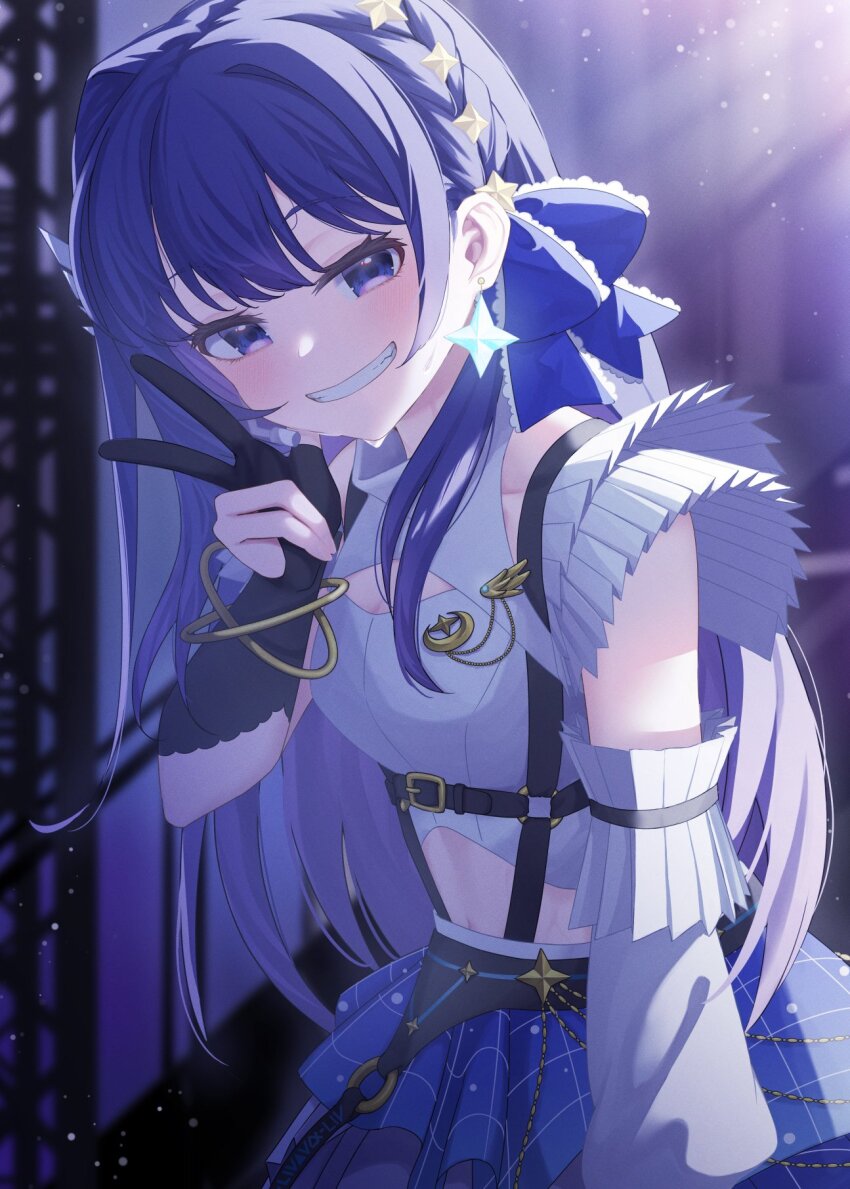 09041231 1girl backstage colored_inner_hair highres idol_clothes idolmaster idolmaster_va-liv kamizuru_cosmo multicolored_hair navel smile sweat two-tone_hair v virtual_youtuber