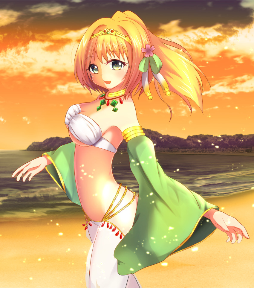 1girl alternate_color bandeau beach blonde_hair blush bow breasts circlet cleavage commentary_request cowboy_shot detached_sleeves gem gold_necklace green_bow green_eyes green_gemstone gypsy_(ragnarok_online) hair_bow harem_pants high_ponytail highres horizon jewelry large_breasts long_hair looking_at_viewer necklace ocean open_mouth orange_sky pants ponytail ragnarok_online red_gemstone rozelia00 sand sky smile solo sunset water waves white_bandeau white_pants