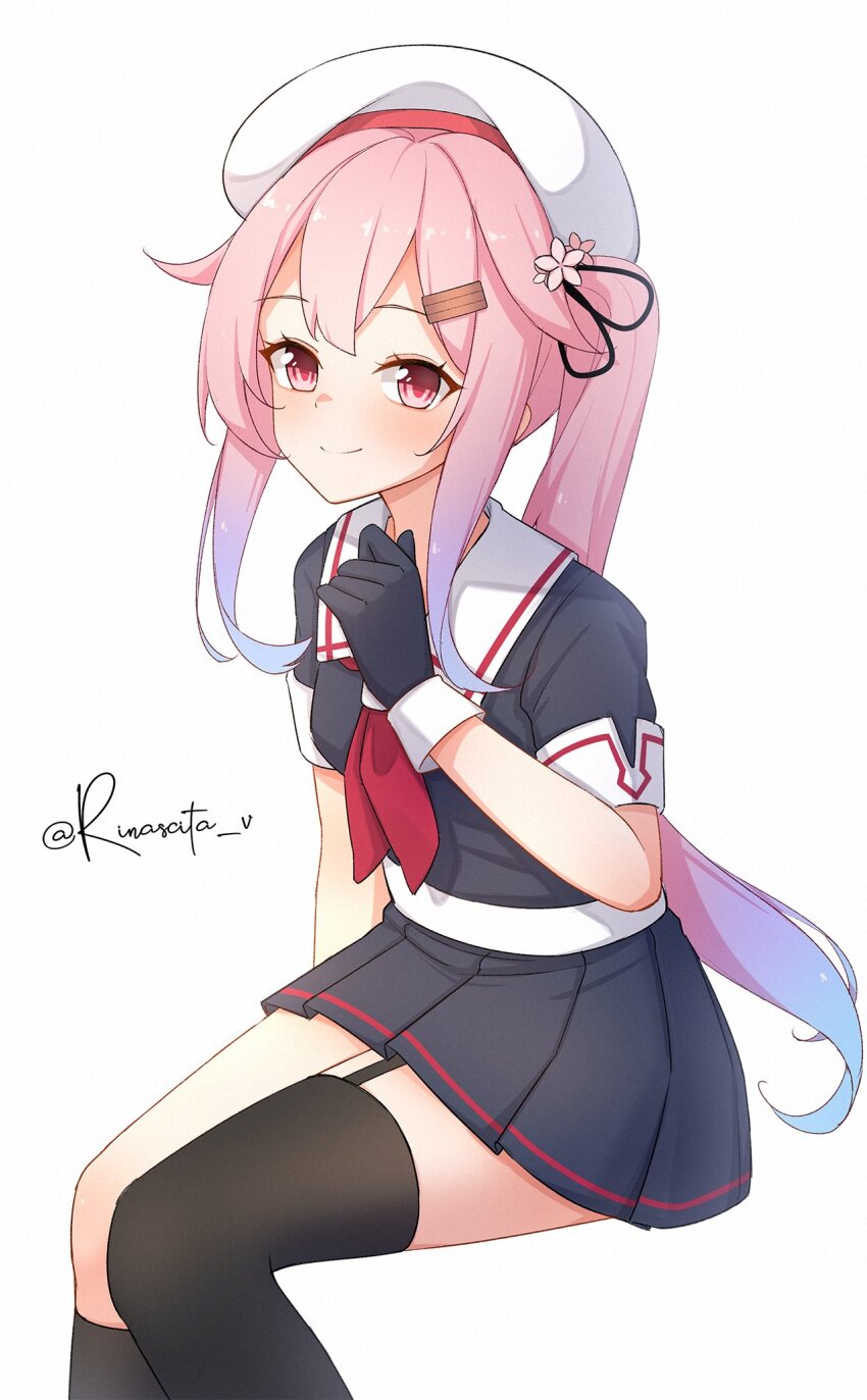 1girl aticsanir beret black_gloves black_serafuku black_skirt black_thighhighs blue_hair garter_straps gloves gradient_hair hair_flaps hair_ornament harusame_(kancolle) harusame_kai_ni_(kancolle) hat highres kantai_collection long_hair multicolored_hair neckerchief pink_hair red_eyes red_neckerchief sailor_collar sailor_shirt school_uniform serafuku shirt side_ponytail single_garter_strap single_thighhigh skirt solo thighhighs twitter_username white_hat white_sailor_collar