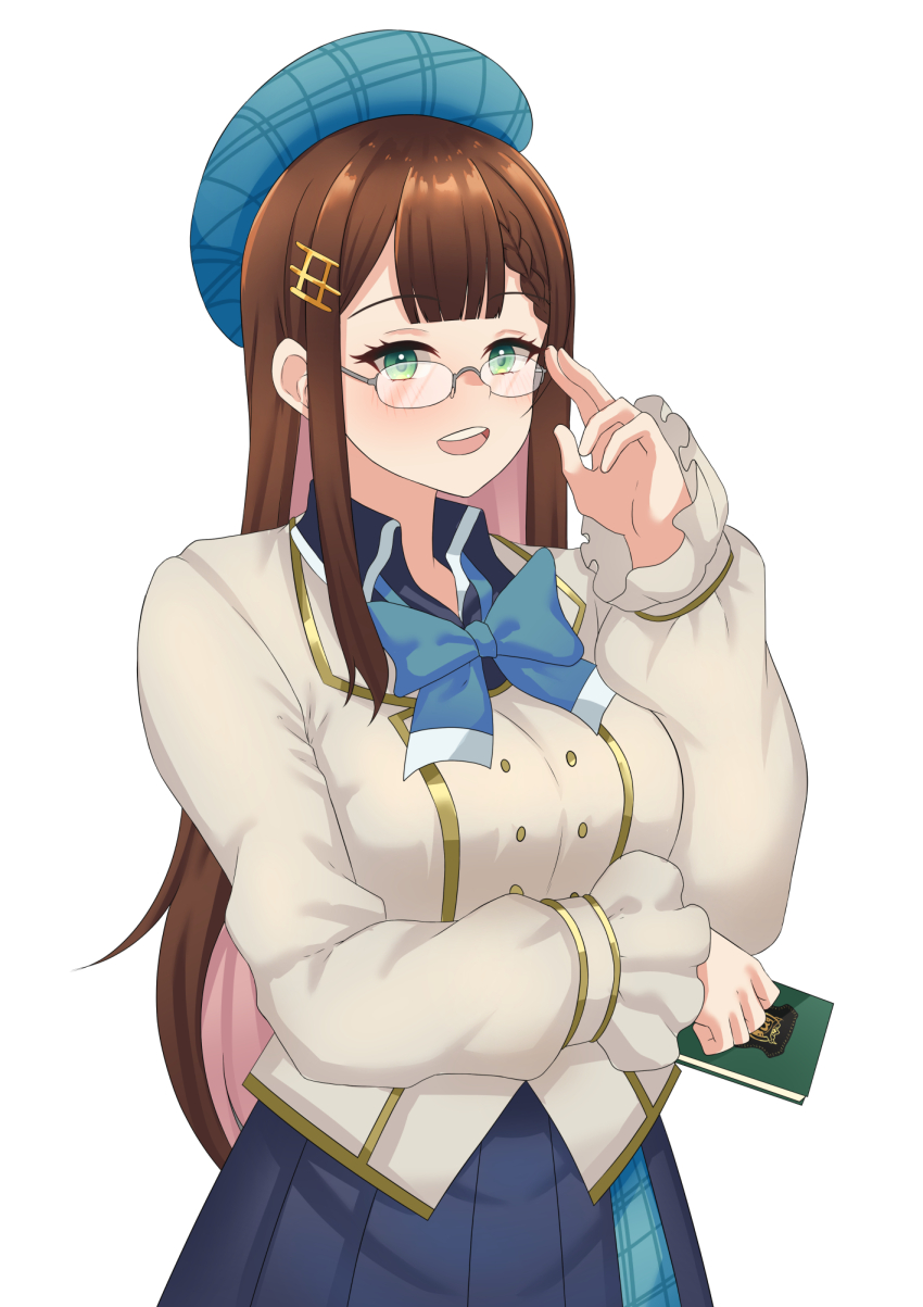 1girl :d beret blazer blue_bow blue_bowtie blue_hat blue_shirt blue_skirt blush book bow bowtie braid breasts brown_hair center-flap_bangs collared_shirt colored_inner_hair commentary english_commentary eyelashes glasses green_eyes grey-framed_eyewear hair_ornament hat highres holding holding_book jacket large_breasts long_hair long_sleeves manon_merope multicolored_hair nexas_(vtuber) open_mouth pink_hair plaid_clothes plaid_hat pleated_skirt puffywaffles shirt simple_background skirt smile solo teeth tongue two-tone_hair upper_teeth_only very_long_hair virtual_youtuber white_background