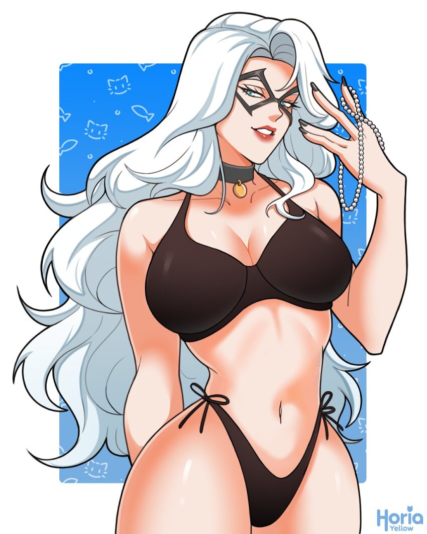 1girl artist_name bare_shoulders bikini black_bikini black_cat_(marvel) blue_eyes breasts commentary english_commentary felicia_hardy grin highres jewelry large_breasts long_hair looking_at_viewer marvel navel smile solo spider-man_(series) swimsuit white_hair yellow_nicky