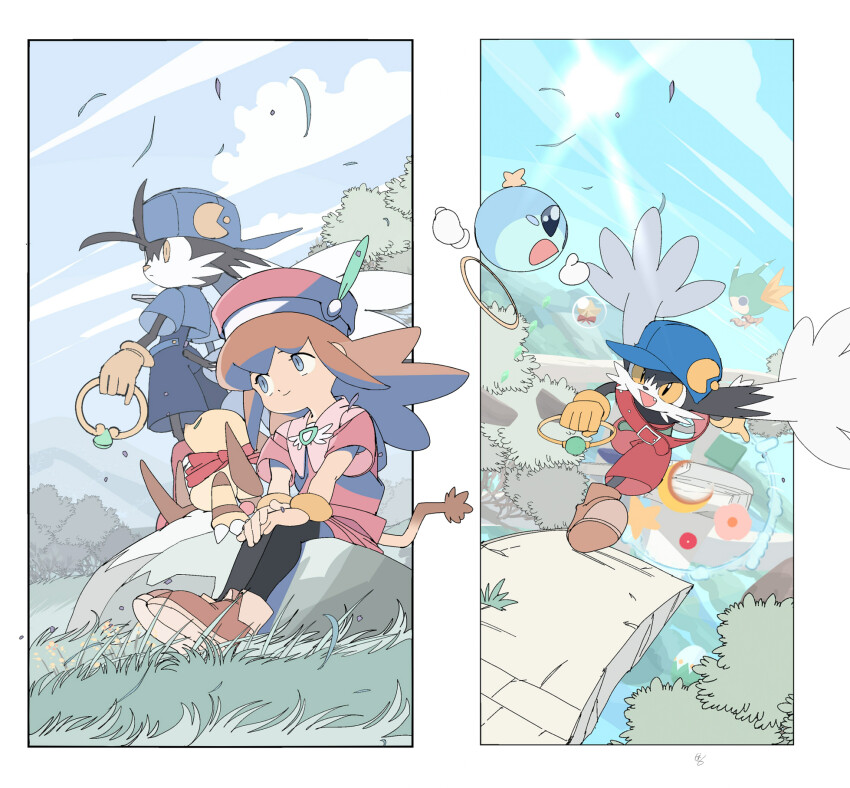 blue_eyes blue_headwear blue_skirt blue_sky brown_hair cloud dual_persona edoya_inuhachi furry furry_female furry_male highres huepow jewelry kaze_no_klonoa klonoa lolo_(klonoa) long_hair moo_(klonoa) pac-man pink_headwear pink_shirt popka ring shirt shorts sitting skirt sky yellow_eyes