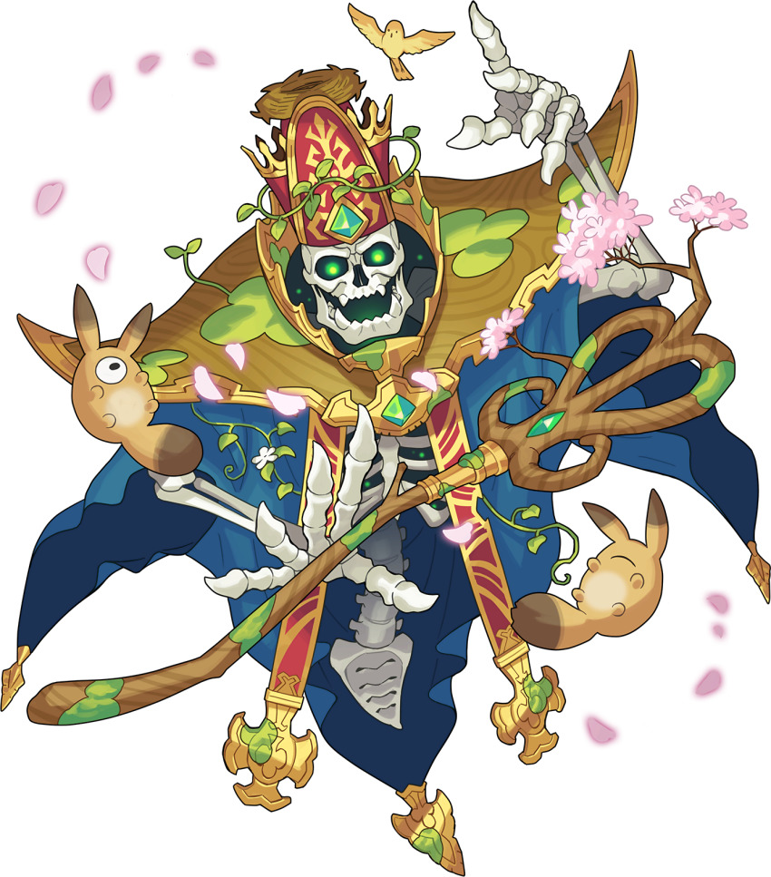 1boy ^_^ arm_up artist_request black_eyes blue_cloak cherry_blossoms cloak closed_eyes creature crystal fangs floating flower full_body gem glowing glowing_eyes green_eyes green_gemstone hat highres holding holding_staff looking_at_viewer male_focus mitre moss nest non-web_source object_on_head official_art one-eyed open_mouth petals pink_flower plant red_hat regitare_(world_flipper) sharp_teeth simple_background skeleton skull solo staff teeth transparent_background vines white_flower wood world_flipper