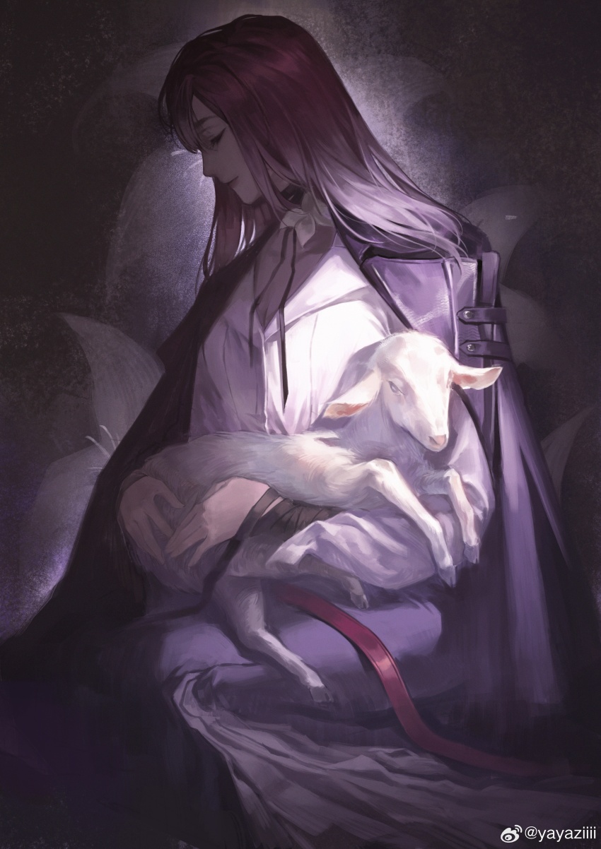 1girl absurdres animal arm_wrap artist_name baby_animal bandaged_neck bandages black_background black_coat chinese_commentary closed_eyes closed_mouth coat coat_on_shoulders commentary film_grain flower from_side gradient_hair grey_skirt highres holding holding_animal lamb lily_(flower) lipstick long_hair long_skirt long_sleeves makeup multicolored_hair pale_color path_to_nowhere purple_hair purple_ribbon purple_theme red_lips ribbon shalom_(path_to_nowhere) sheep shirt simple_background skirt smile solo watermark weibo_watermark white_hair white_shirt yayaziiii