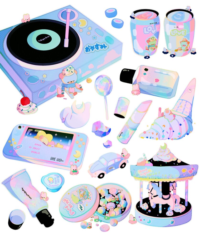 artist_name bird can candy carousel cherry cosmetics creature drink_can english_text food fruit handheld_game_console highres ice_cream ice_cream_cone lipstick_tube lollipop moyaco no_humans original pastel_colors phonograph signature simple_background sleeping soda_can swan toy_car toy_carousel translation_request white_background
