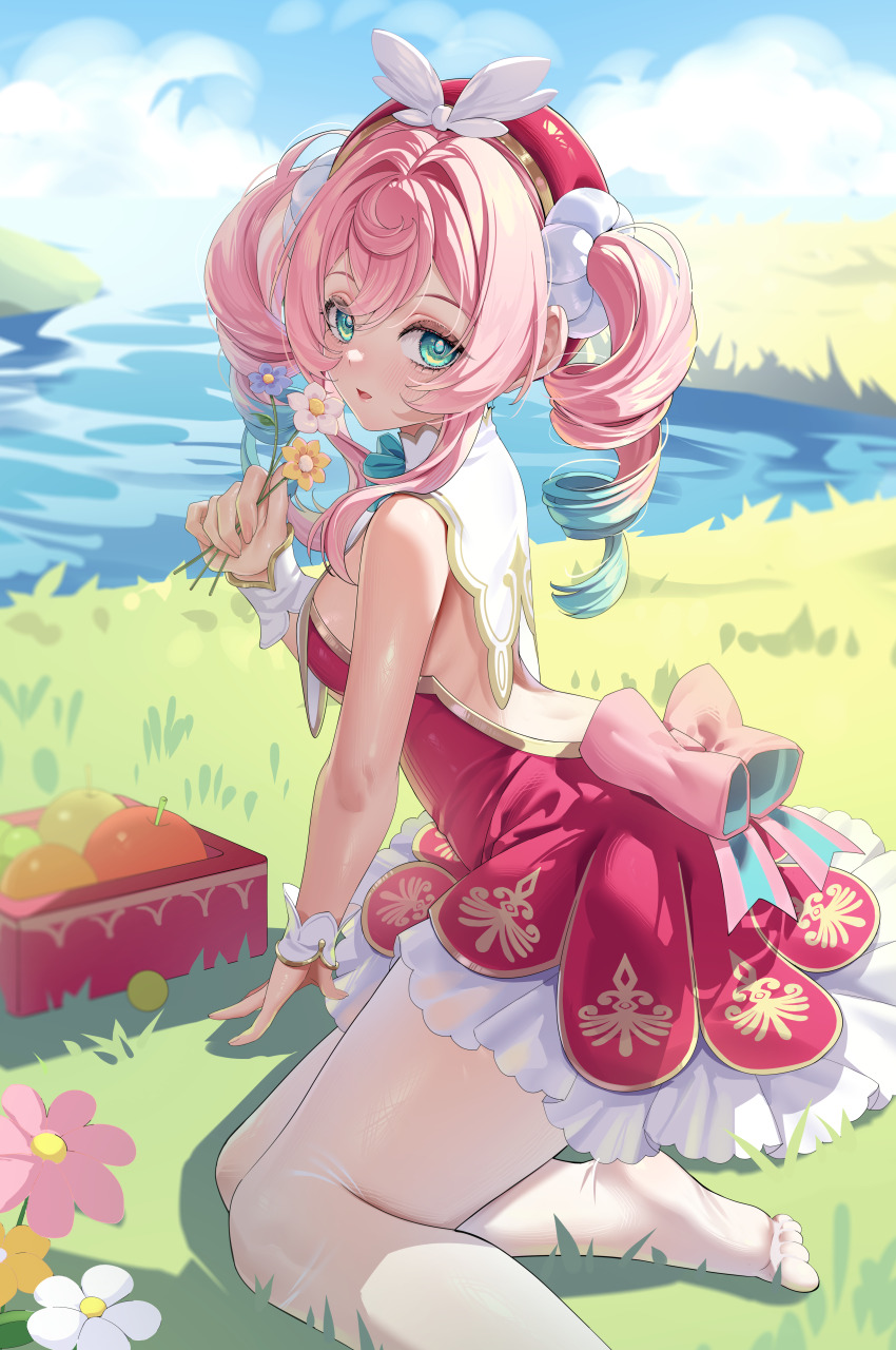 1girl absurdres bare_shoulders beret blue_hair blue_sky blush breasts commentary_request dress drill_hair flower gradient_hair green_eyes hair_between_eyes hair_intakes hat highres holding holding_flower honkai:_star_rail honkai_(series) hyacine_(honkai:_star_rail) kururu_(qqqqq59508750) long_hair looking_at_viewer medium_breasts multicolored_hair on_grass outdoors paid_reward_available pantyhose pink_hair red_dress red_hat sitting sky soles solo twin_drills two-tone_hair water white_pantyhose wrist_wrap yokozuwari