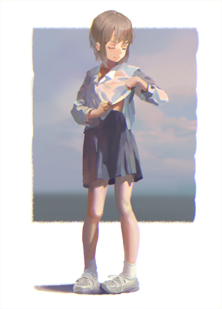 1girl adjusting_clothes blue_skirt border brown_hair closed_eyes closed_mouth collared_shirt day full_body highres long_sleeves original pleated_skirt psi_(583278318) school_uniform shirt shoes short_hair skirt sneakers socks solo standing white_border white_shirt white_shoes white_socks