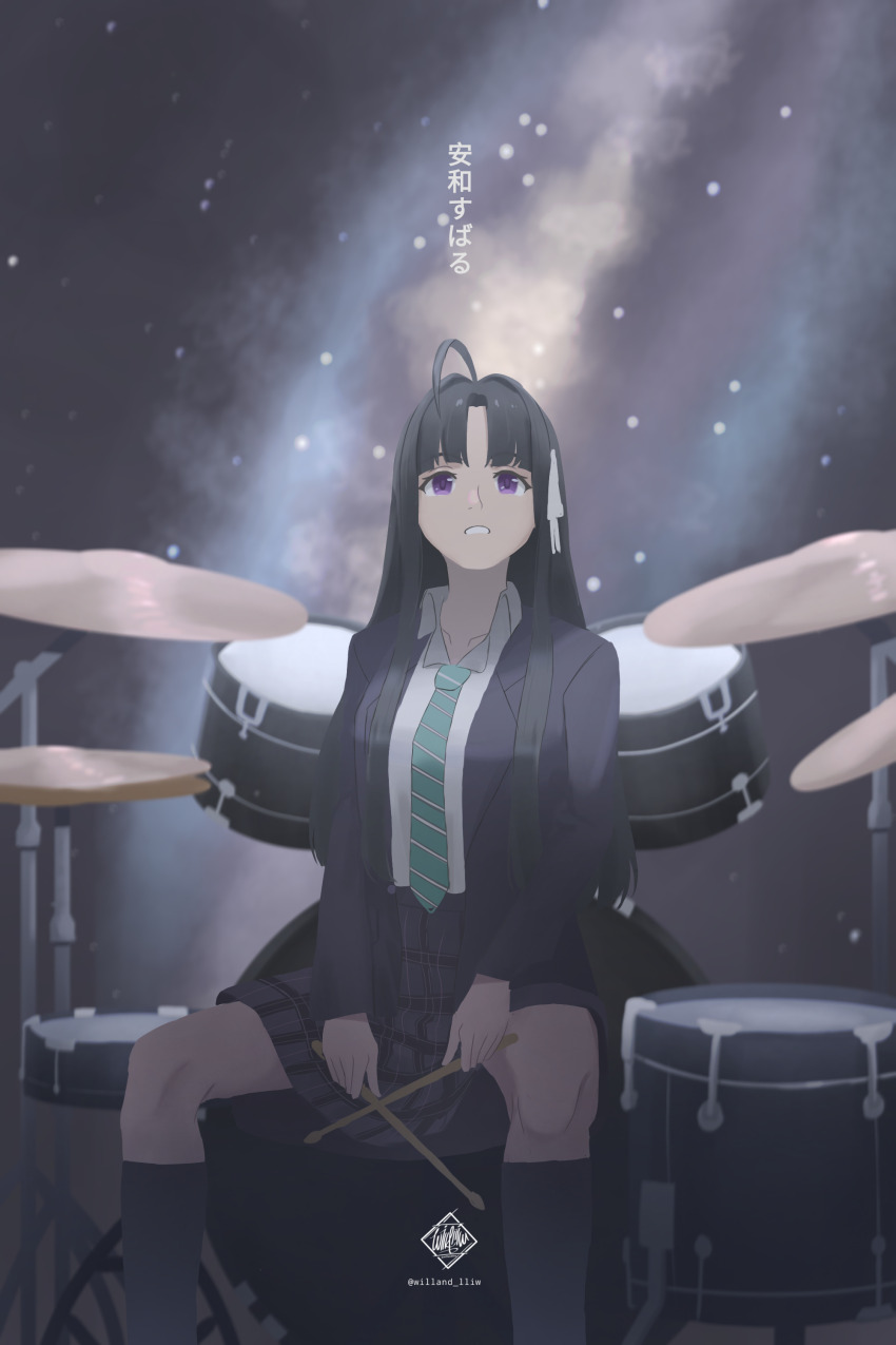absurdres ahoge arz_bpz01 awa_subaru black_hair breasts commentary drum drum_chair drum_set drumsticks girls_band_cry highres instrument long_hair medium_breasts necktie original purple_eyes ribbon school_uniform white_ribbon