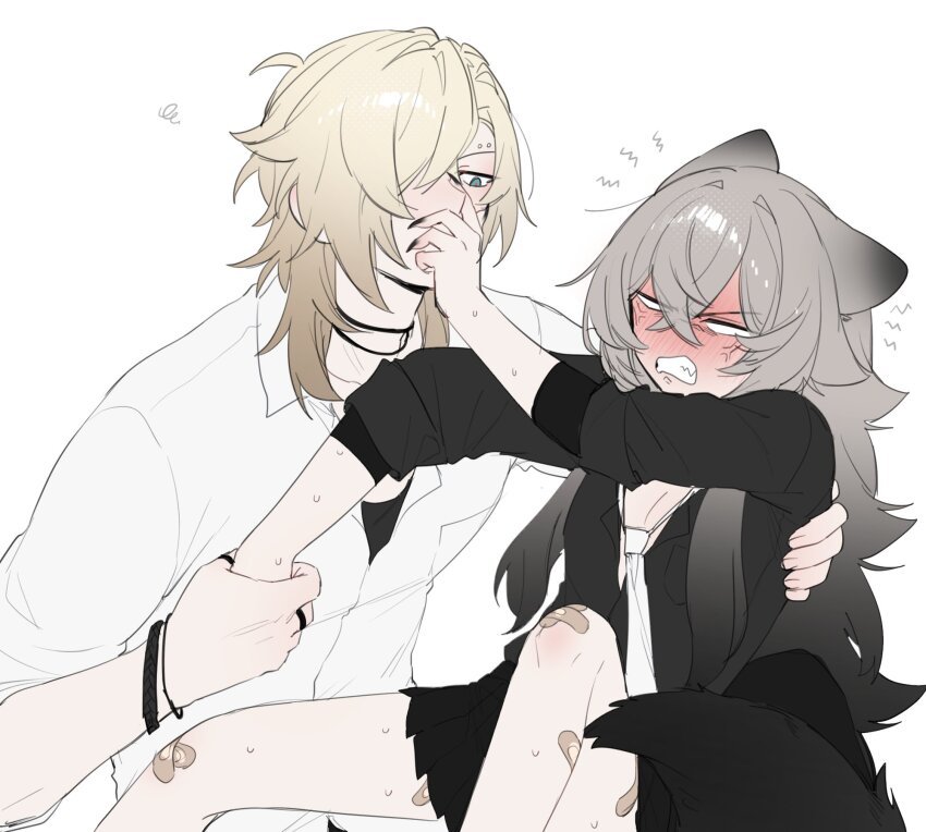 1boy 1girl bandaid bandaid_on_knee bandaid_on_leg black_shirt black_skirt blonde_hair blue_eyes blush bracelet collared_shirt degrees_of_lewdity eyebrow_piercing grey_hair hair_over_one_eye highres jewelry kai_(drakkai10) long_hair necktie original piercing shirt short_hair shoya_(kai_(drakkai10)) simple_background skirt white_background white_necktie white_shirt whitney_(degrees_of_lewdity) whitney_(male)_(degrees_of_lewdity)