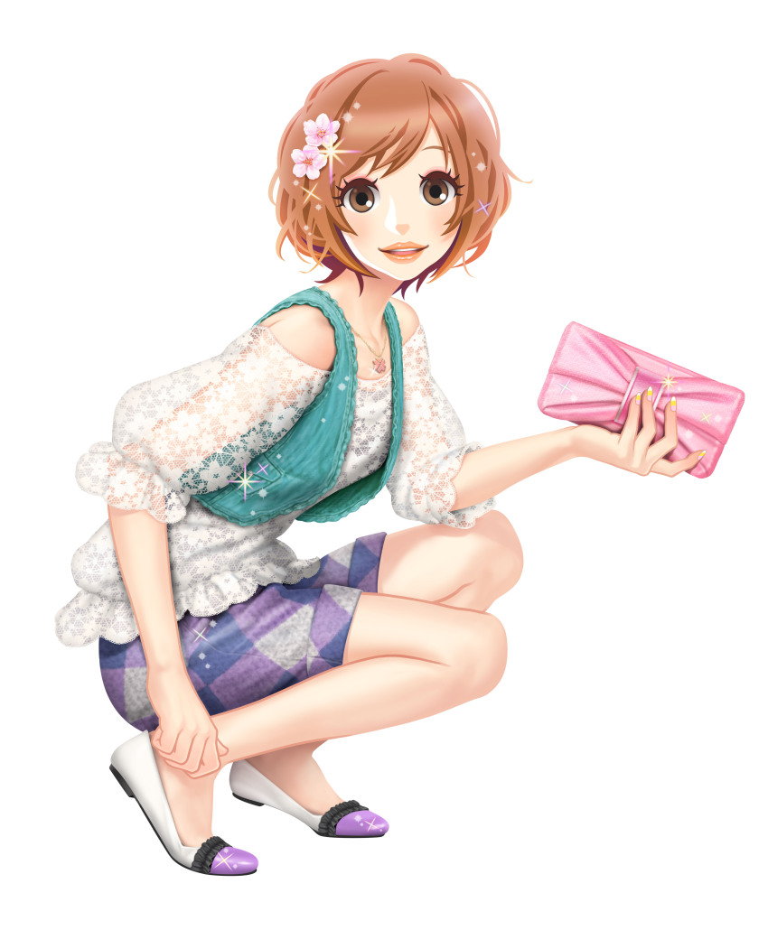 1girl absurdres bag blouse bob_cut brown_hair female_focus flower girls_mode girls_mode_3:_sparkling_coord handbag highres official_art plaid_clothes plaid_shorts shirt short_hair shorts smile solo vest