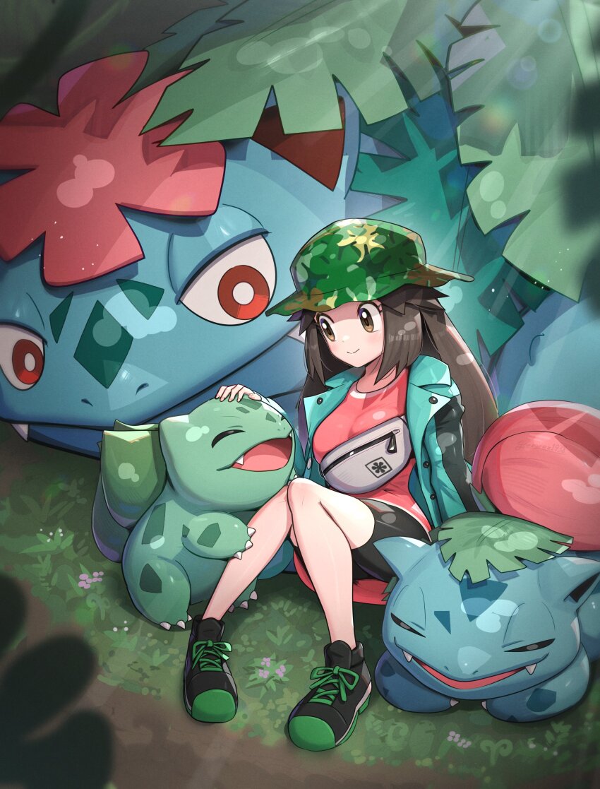 1girl absurdres breasts bulbasaur gen_1_pokemon gonzarez highres ivysaur large_breasts leaf_(pokemon) leaf_(sygna_suit)_(pokemon) nintendo pokemon pokemon_(creature) pokemon_masters_ex venusaur