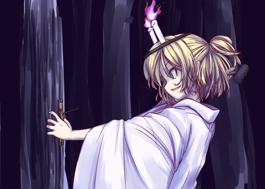 1girl alternate_costume blonde_hair candle commentary_request evil_smile fire green_eyes half_updo hammer hashihime holding holding_hammer isu_(is88) japanese_clothes kimono mallet mizuhashi_parsee nail_(hardware) open_mouth pointy_ears ponytail profile short_hair short_ponytail smile solo straw_doll touhou upper_body ushi_no_koku_mairi white_kimono wide_sleeves