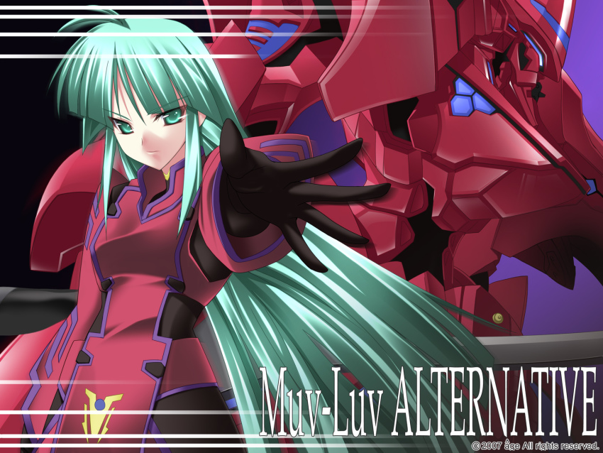 1girl ahoge assault_visor bad_link baka_ouji_persia black_gloves bou_(inubou) copyright_name gloves green_hair head_tilt highres jacket looking_at_viewer mecha military military_uniform muv-luv muv-luv_alternative official_art official_wallpaper open_hand red_jacket robot sidelocks tactical_surface_fighter third-party_source tsukuyomi_mana type_00_takemikazuchi v-shaped_eyebrows