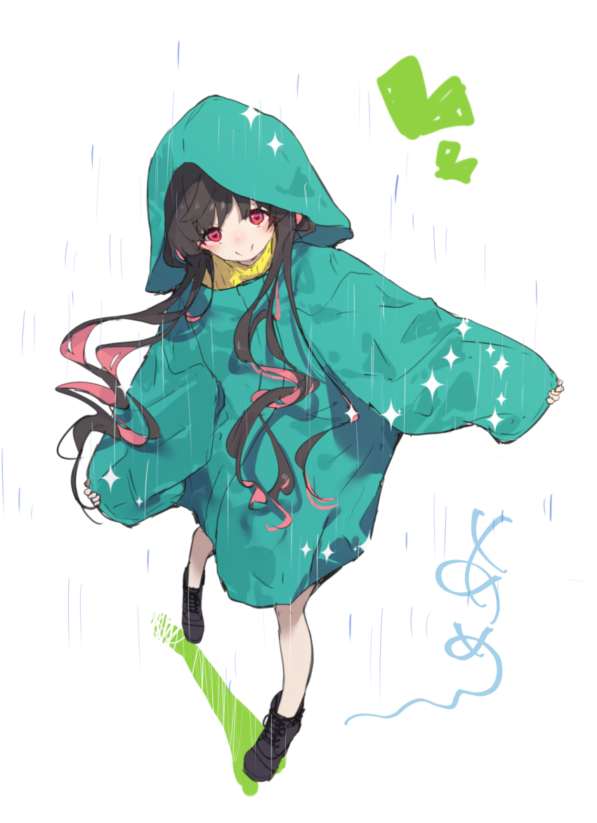 1girl black_hair black_shoes blush closed_mouth colored_inner_hair colored_shadow commentary_request full_body hamayumiba_sou heart heart_in_eye highres long_hair long_sleeves looking_at_viewer midori_hemo multicolored_hair ochikobore_fruit_tart pink_hair rain raincoat red_eyes shadow shoes sleeves_past_wrists smile sneakers solo split_mouth sweater symbol_in_eye white_background yellow_sweater
