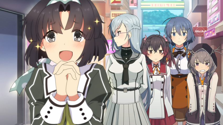 5girls ahoge asakura_mihono ayanokouji_martial_arts_school_uniform black_bow black_bowtie black_hair black_neckerchief blue_eyes blue_hair blush bow bowtie braid breasts brown_eyes brown_hair brown_jacket brown_skirt building closed_mouth crossed_bangs dress game_cg glasses gradient_hair green_dress green_hairband grey_hair grey_jacket grey_sailor_collar grin hair_between_eyes hair_ornament hair_through_hood hairband hairclip half_up_braid hands_in_pockets hands_up heijou_institute_school_uniform hood hood_up hooded_jacket interlocked_fingers jacket jitome kitora_mirja large_breasts long_hair long_sleeves medium_hair minoseki_gakuin_uniform multicolored_hair multiple_girls musumi_kiyoka neck_ribbon neckerchief necktie non-web_source open_clothes open_jacket open_mouth orange_jacket orange_necktie orange_ribbon osafune_girls_academy_school_uniform outdoors parted_bangs pleated_skirt purple_eyes red_sailor_collar red_skirt renpu_girls_school_uniform ribbon sailor_collar school_uniform setouchi_chie shichinosato_kofuki shirt shopping_district short_hair sidelocks skirt sleeve_cuffs smile sparkle toji_no_miko toji_no_miko:_kizamishi_issen_no_tomoshibi two_side_up v-shaped_eyebrows white_sailor_collar white_shirt white_skirt winter_uniform