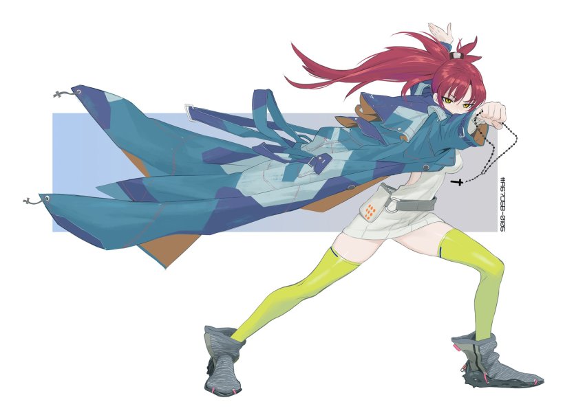 1girl arm_up belt blue_jacket breasts cross cross_necklace green_thighhighs grey_footwear highres jacket jewelry ladic lunge medium_breasts meme_attire necklace original ponytail rectangle red_hair simple_background solo thighhighs virgin_killer_sweater white_background yellow_eyes