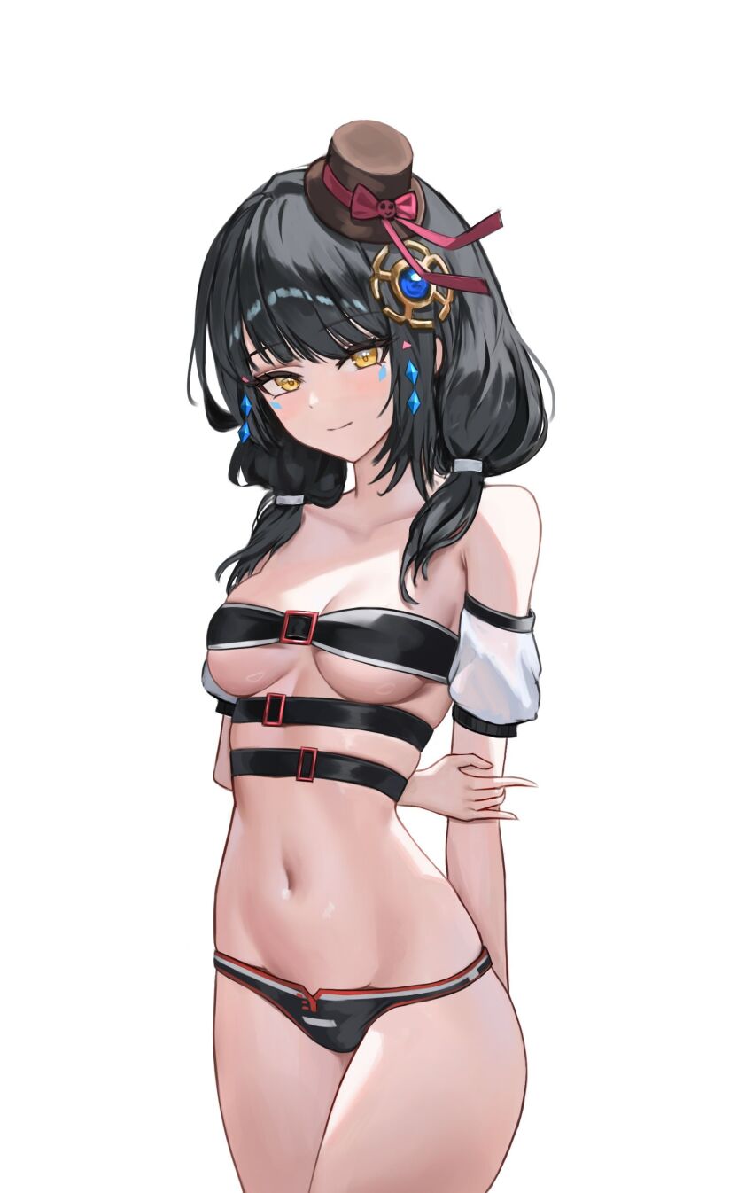 1girl absurdres arm_behind_back bare_shoulders belt belt_bra bikini black_belt black_bikini black_hair breasts closed_mouth collarbone commission cowboy_shot detached_sleeves dymdy elsword eve_(2nas)_(elsword) eve_(elsword) facial_mark hair_ornament hair_over_shoulder hat highres long_hair looking_at_viewer low_twintails medium_breasts mini_hat mini_top_hat multiple_belts navel short_sleeves simple_background smile solo stomach swimsuit thighs top_hat twintails white_background yellow_eyes