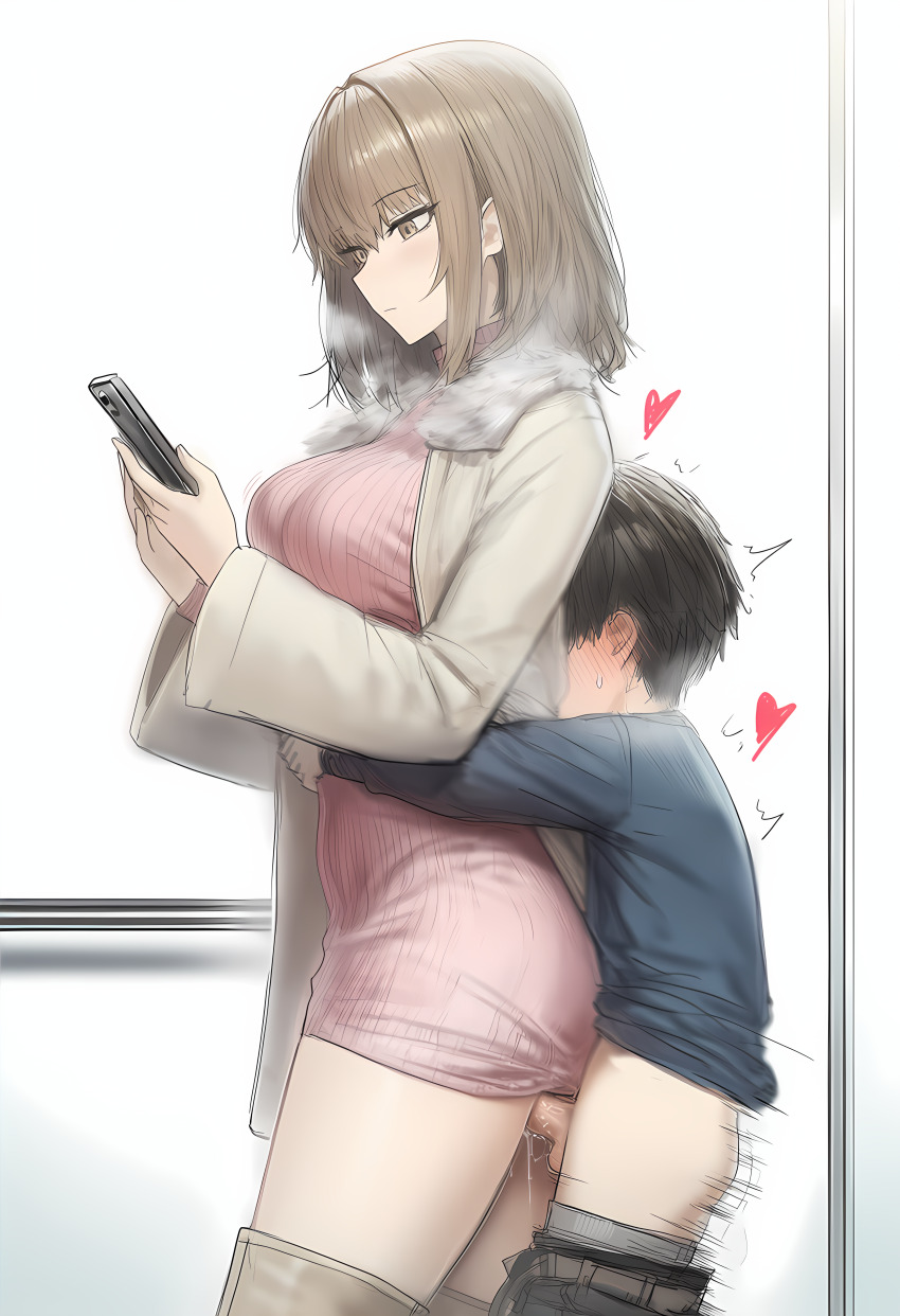 1boy 1girl absurdres age_difference ass blush breasts brown_eyes brown_hair clothed_sex earrings grabbing_from_behind groping highres holding holding_phone huge_breasts jewelry long_hair onee-shota open_mouth original penis phone piercing rubbing sex sex_from_behind short_hair shota size_difference testicles