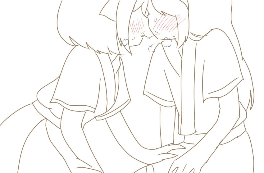 2girls after_kiss ainu_clothes blush breasts french_kiss hair_ribbon hand_on_another&#039;s_leg hand_on_another&#039;s_thigh heavy_breathing highres kiss legs long_hair monochrome multiple_girls nakoruru open_mouth pants ribbon rimururu saliva saliva_trail samurai_spirits short_hair siblings sisters sitting sketch small_breasts snk thighs tongue tongue_out