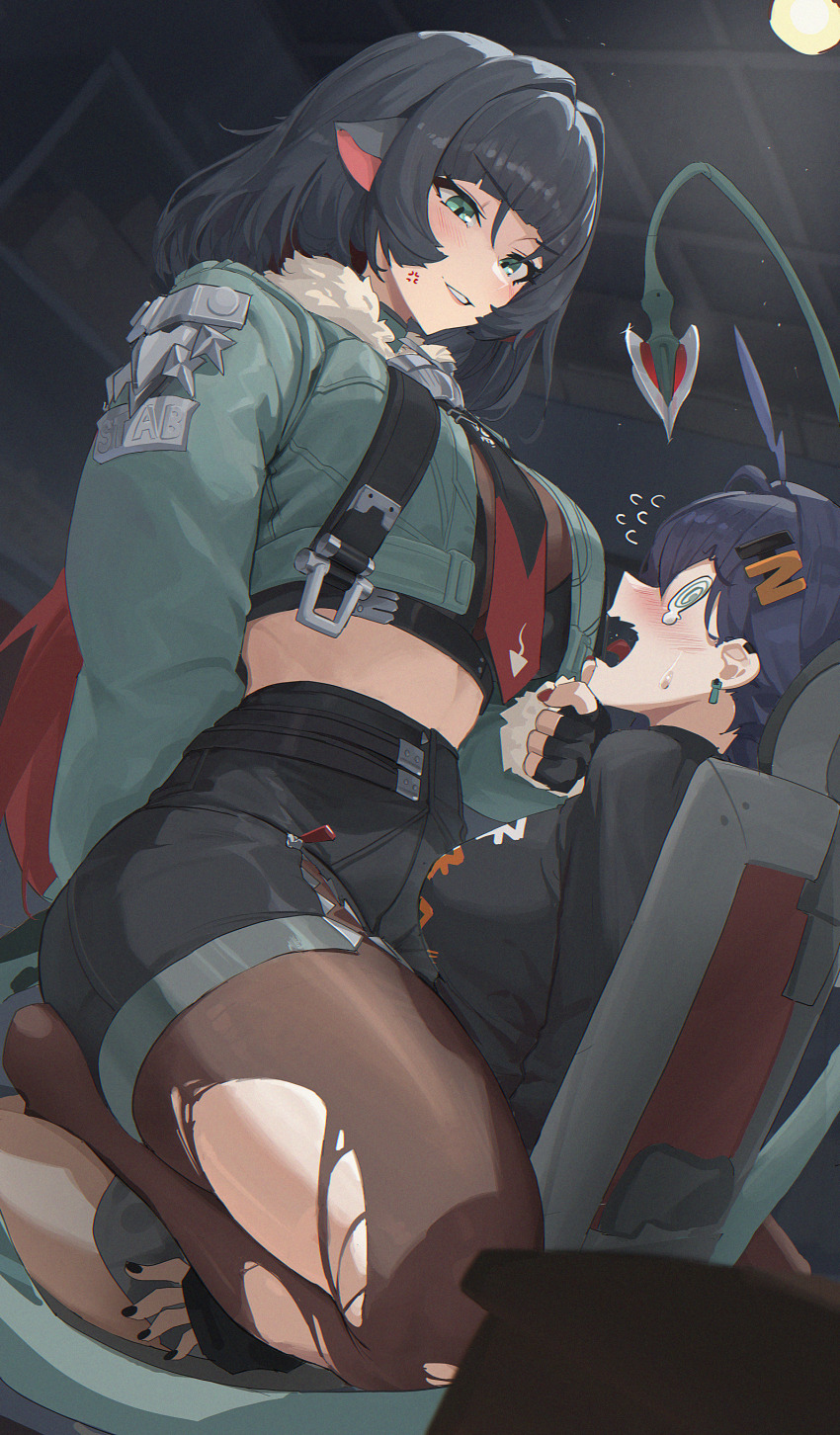 2girls @_@ absurdres animal_ears belle_(zenless_zone_zero) black_gloves black_hair black_shirt blue_hair blush brown_pantyhose commentary cropped_jacket english_commentary fingerless_gloves fur-trimmed_jacket fur_trim girl_on_top gloves green_eyes green_jacket hand_on_another&#039;s_chin high-waist_shorts highres jacket jane_doe_(zenless_zone_zero) long_hair long_sleeves looking_at_another mouse_ears mouse_girl mouse_tail multiple_girls necktie open_mouth pantyhose red_nails roro_(tpghksdlzpq) sharp_tail shirt short_hair shorts sitting sitting_on_lap sitting_on_person straddling tail torn_clothes torn_pantyhose two-tone_necktie upright_straddle zenless_zone_zero