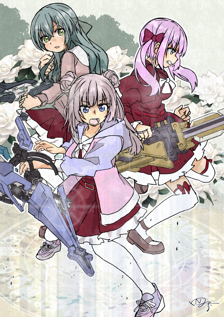 3girls absurdres ankle_strap artist_name assault_lily belt belt_buckle blue_eyes blue_footwear blue_jacket bow bowtie brown_cardigan brown_footwear buckle cardigan clenched_teeth commentary_request crossed_bangs debris double_bun fighting_stance floral_background flower frilled_skirt frilled_sleeves frills green_bow green_eyes green_hair grey_background grey_bow hair_between_eyes hair_bow hair_bun half_updo hands_up high-waist_skirt highres holding holding_weapon hood hood_down hooded_jacket jacket juliet_sleeves kanba_girls_high_school_uniform leg_up legs_apart long_hair long_sleeves looking_ahead magic_circle mary_janes miniskirt multicolored_footwear multicolored_jacket multiple_girls naganuki_shiki open_clothes open_jacket open_mouth pantyhose parted_lips pink_hair pink_shoes profile puffy_sleeves red_belt red_bow red_shirt red_skirt sadamori_himeka school_uniform shirt shoes signature skirt sneakers standing standing_on_one_leg tanba_akari teeth thigh_bow thighhighs toki_kureha twintails upper_teeth_only v-shaped_eyebrows weapon white_bow white_bowtie white_flower white_pantyhose white_thighhighs