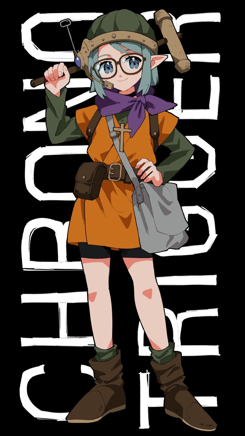 1girl absurdres belt bike_shorts blue_eyes chrono_trigger closed_mouth cosplay full_body glasses helmet highres holding holding_weapon looking_at_viewer lucca_ashtear original scarf short_hair smile solo weapon