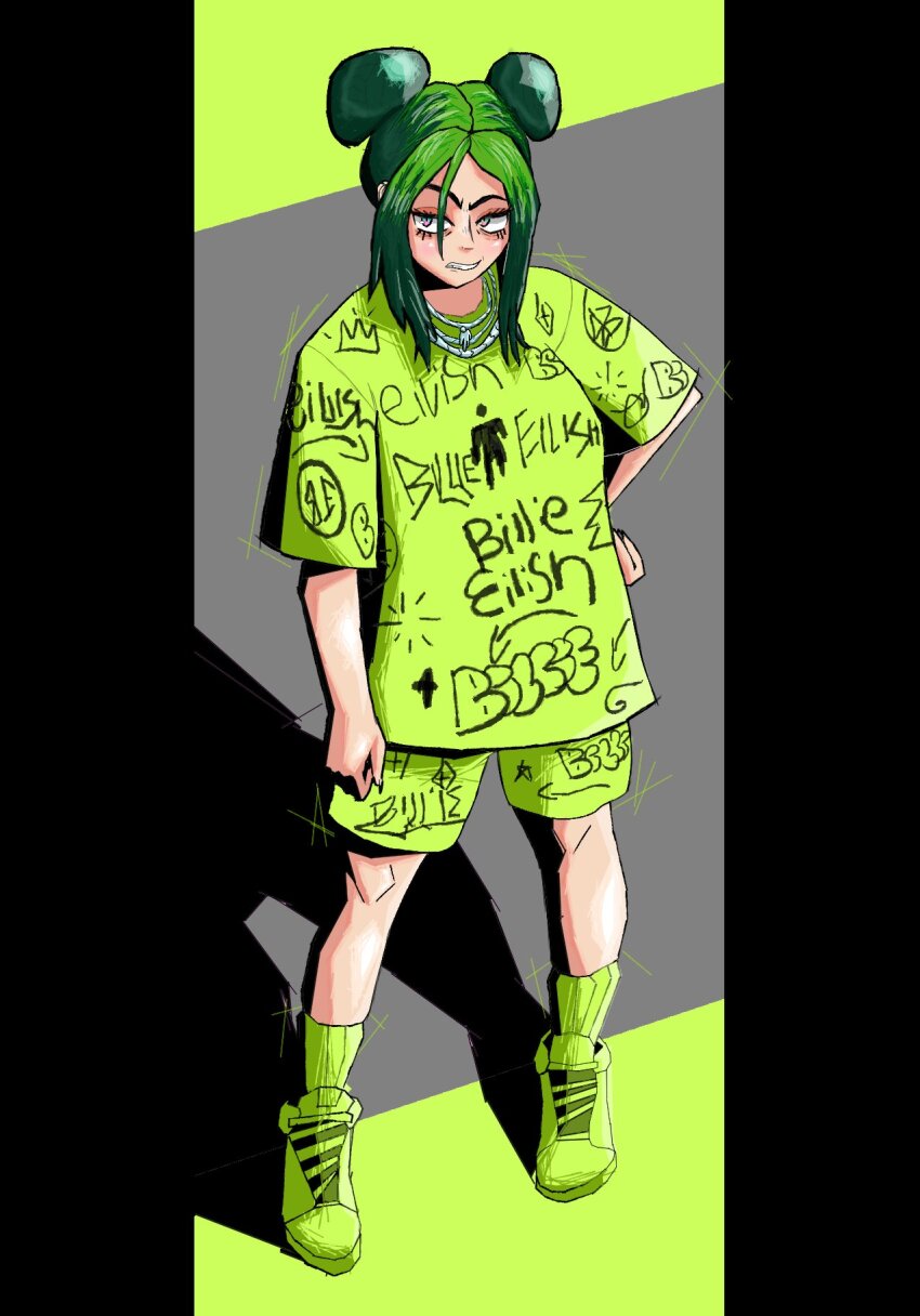 1girl air_jordan air_jordan_4 billie_eilish chain chain_around_neck double_bun fortnite green_background green_hair green_shirt green_shorts green_socks hair_bun highres jewelry long_hair multicolored_eyes multicolored_hair necklace quebin_tijuana real_life shadow shirt shorts socks solo