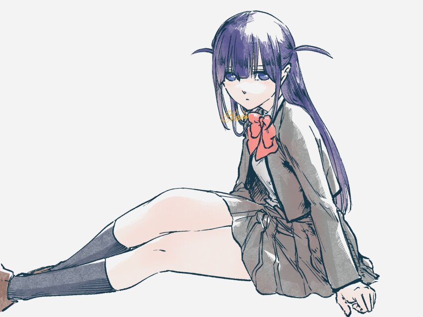 1girl arms_at_sides artist_name black_socks blue_eyes blunt_bangs bow bowtie brown_shoes closed_mouth collared_shirt commentary_request feet_out_of_frame from_side grey_background grey_jacket grey_skirt highres jacket knee_up kneehighs light_blush long_hair long_sleeves looking_at_viewer looking_to_the_side miniskirt no_pupils open_clothes open_jacket pleated_skirt purple_hair red_bow red_bowtie school_uniform seishou_music_academy_uniform shirt shoes shoujo_kageki_revue_starlight shozoku sidelocks signature simple_background skirt socks solo tsuyuzaki_mahiru two_side_up white_shirt
