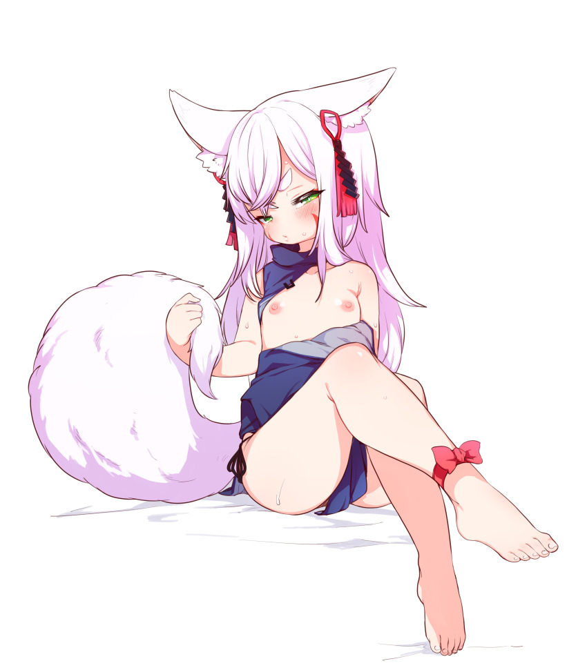 1girl absurdres animal_ear_fluff animal_ears babalilo barefoot blue_dress china_dress chinese_clothes crossed_legs dress ear_ornament facial_mark feet flat_chest foot_focus foreshortening fox_ears fox_girl fox_tail green_eyes highres loli long_hair looking_at_viewer nipples original presenting_foot simple_background solo tail thighs toes white_background white_hair