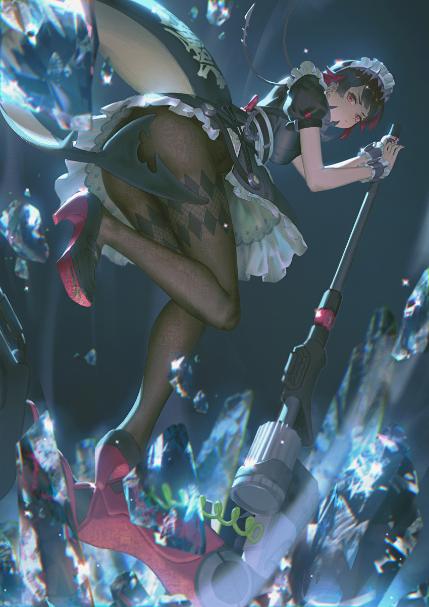1girl apron ass black_hair bracelet brown_pantyhose closed_mouth dress earclip earrings ellen_joe fingernails fins fish_tail foot_up frilled_wristband from_below hairband hands_up high_heels highres holding holding_polearm holding_weapon ice jewelry legs long_tail looking_at_viewer maid_apron maid_headdress metal_hairband multicolored_hair nail_polish pantyhose polearm puffy_short_sleeves puffy_sleeves red_eyes red_hair red_nails renyu1012 shark_tail shoe_soles shoes short_dress short_hair short_sleeves solo spiked_hairband spikes standing standing_on_one_leg standing_on_weapon tail two-tone_hair upskirt v-shaped_eyebrows waist_apron weapon wrist_cuffs zenless_zone_zero