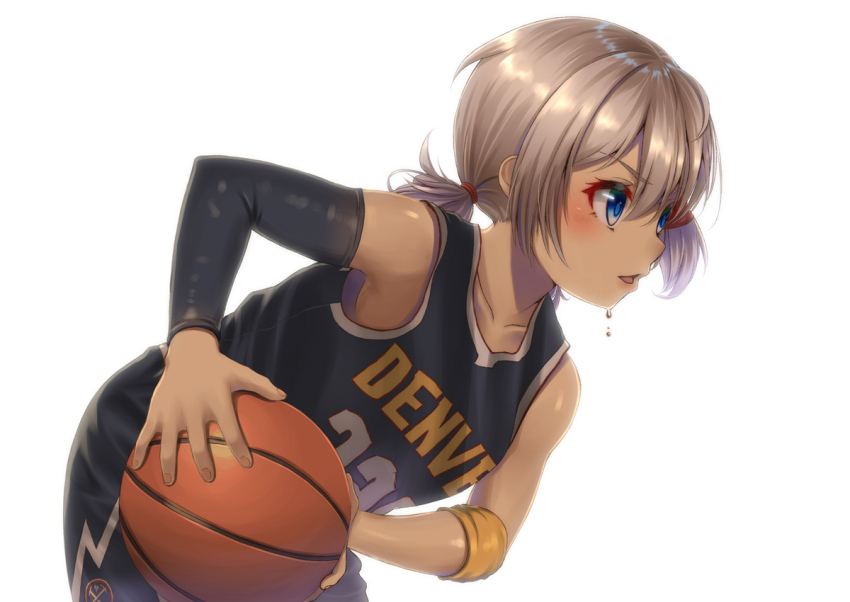 1girl arm_warmers azur_lane ball basketball basketball_(object) basketball_jersey blue_eyes denver_(azur_lane) denver_nuggets elbow_sleeve holding holding_ball medium_hair name_connection national_basketball_association simple_background sweat white_background yakkuro