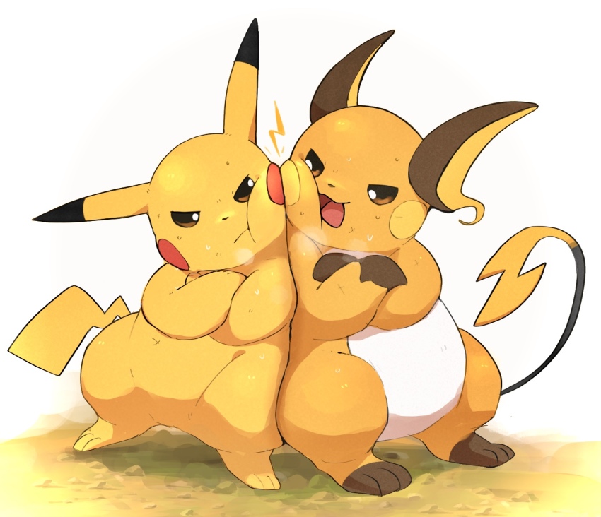 crossed_arms dorobo_93 electricity evolutionary_line gen_1_pokemon heads_together injury looking_at_another nintendo orange_fur orange_tail pikachu pokemon raichu simple_background standing white_background yellow_fur yellow_tail