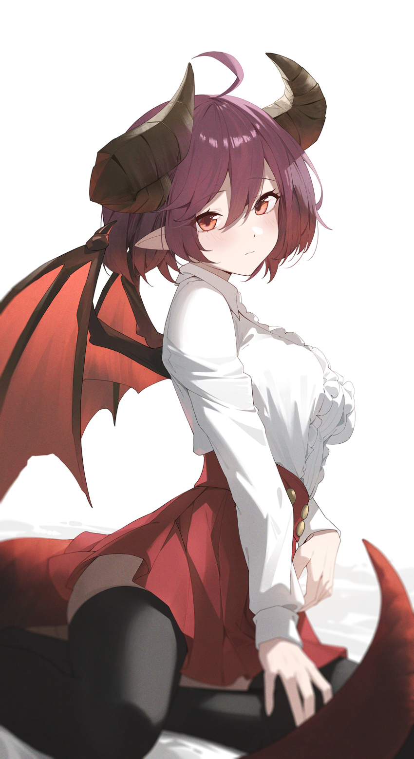 1girl absurdres black_thighhighs blush breasts brown_horns center_frills closed_mouth commentary_request curled_horns dragon dragon_girl dragon_horns dragon_wings frills granblue_fantasy grea_(shingeki_no_bahamut) hair_between_eyes highres horns huge_horns large_breasts long_sleeves looking_at_viewer manaria_friends pointy_ears red_eyes red_hair red_skirt red_tail red_wings shirt short_hair sitting skirt solo sukaliya thighhighs thighs white_background white_shirt wings