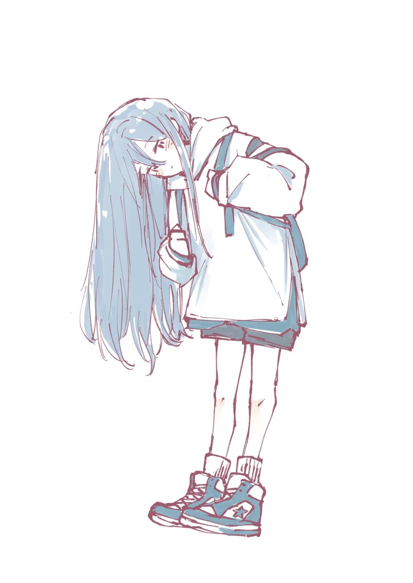 1girl aqua_shirt aqua_shoes backpack bag black_eyes black_shorts blue_hair blush clenched_hands full_body hair_between_eyes hands_on_own_chest head_tilt highres holding_strap hood hood_down hoodie l9525 layered_clothes leaning_to_the_side long_hair long_sleeves looking_at_viewer parted_lips project_sekai shirt shoes short_shorts shorts sidelocks simple_background sleeves_past_wrists sneakers socks solo standing striped_clothes striped_socks toes_up vertical-striped_clothes vertical-striped_socks white_background white_hoodie white_socks yoisaki_kanade