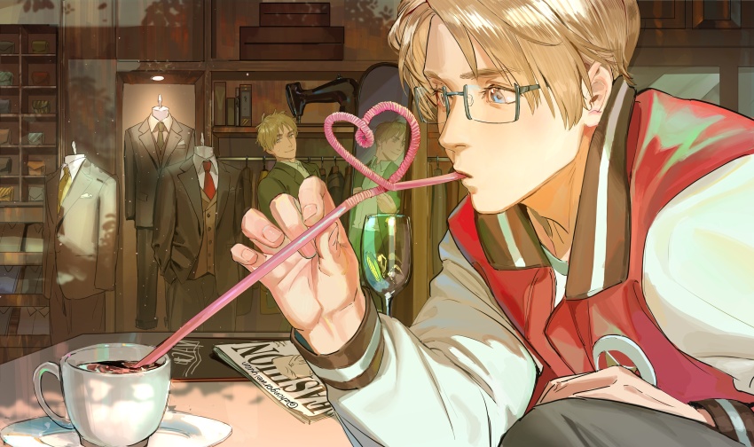 2boys absurdres ahoge america_(hetalia) axis_powers_hetalia bag black_jacket black_necktie black_pants blonde_hair blue_eyes brown_vest buttons closed_mouth collared_shirt cup drinking drinking_glass drinking_straw fingernails formal_clothes glasses green-framed_eyewear green_eyes green_jacket grey_jacket grey_pants hand_up highres ice ice_cube indoors jacket lapels letterman_jacket long_sleeves looking_at_another looking_at_object male_focus mirror multicolored_jacket multiple_boys necktie newspaper open_clothes open_jacket pants plate puffy_long_sleeves puffy_sleeves red_jacket red_necktie reflection semi-rimless_eyewear sewing_machine shadow shirt short_hair sitting standing star_(symbol) suit_jacket sweatdrop table tea two-tone_jacket united_kingdom_(hetalia) vest white_jacket yellow_necktie zhongerweiyuan